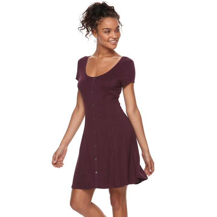 Juniors' So&reg; Button Front Short Sleeve Dress, Teens, Size: Medium, Drk Purple