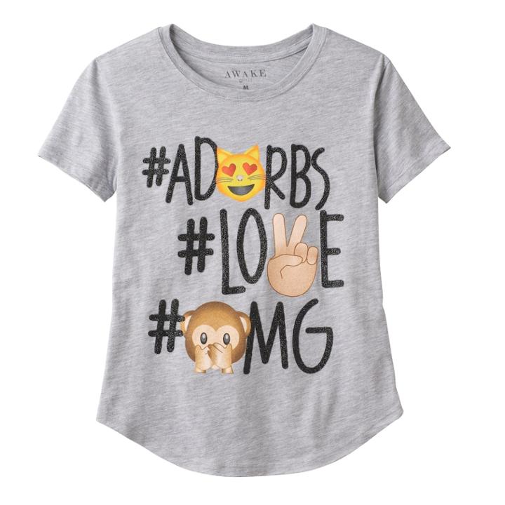 Girls 7-16 #adorbs, #love & #omg Emoji Glitter Graphic Tee, Size: Small, Med Grey