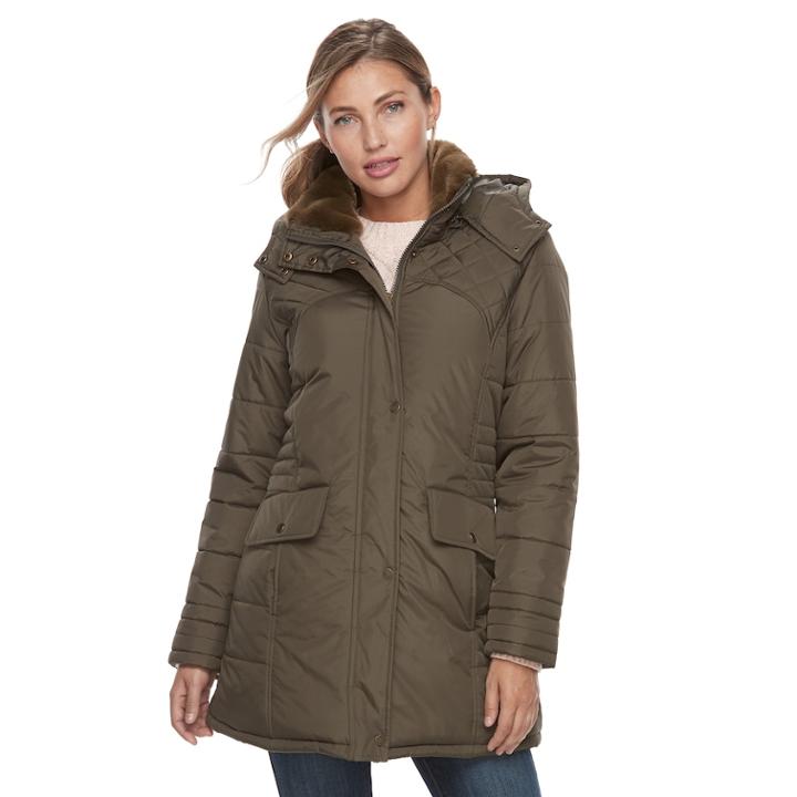 Women's Kc Collections Lace-up Faux-fur Trim Puffer Jacket, Size: Small, Green Oth