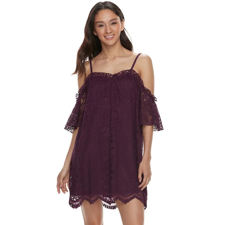 Juniors' Love, Fire Lace Off Shoulder Shift Dress, Teens, Size: Medium, Drk Purple