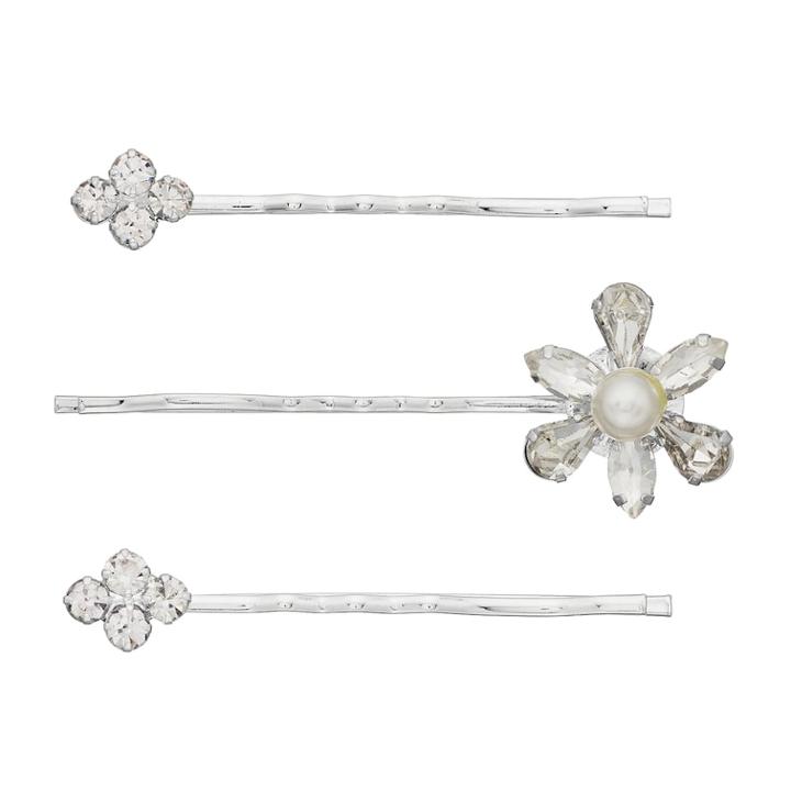 Flower & Simulated Crystal Cluster Bobby Pin Set, Women's, Silver