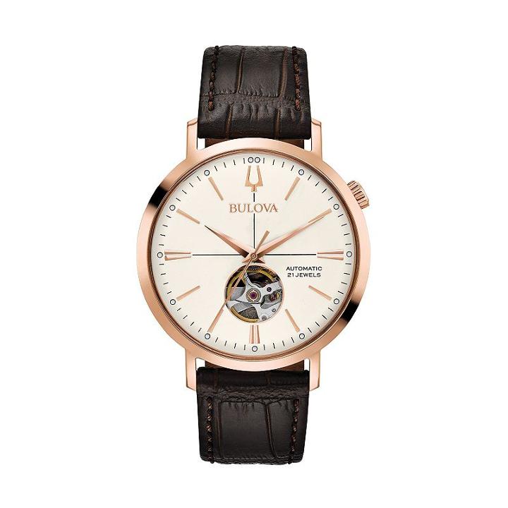 Bulova Men's Classic Leather Automatic Skeleton Watch - 97a136, Size: Large, Brown