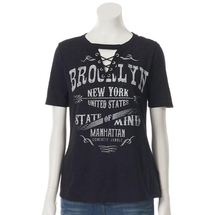 Women's Rock & Republic&reg; Lace-up Graphic Tee, Size: Small, Oxford