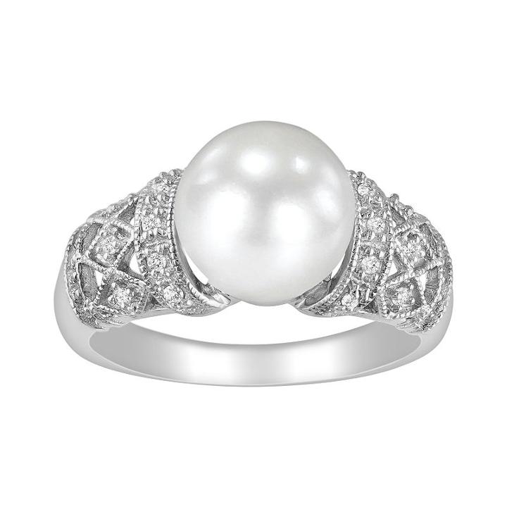 Sterling Silver 1/10-ct. T.w. Diamond And Freshwater Cultured Pearl Ring, Women's, Size: 6, White