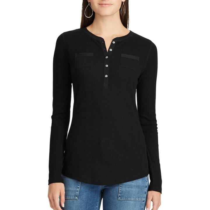 Petite Chaps Henley Top, Women's, Size: M Petite, Black