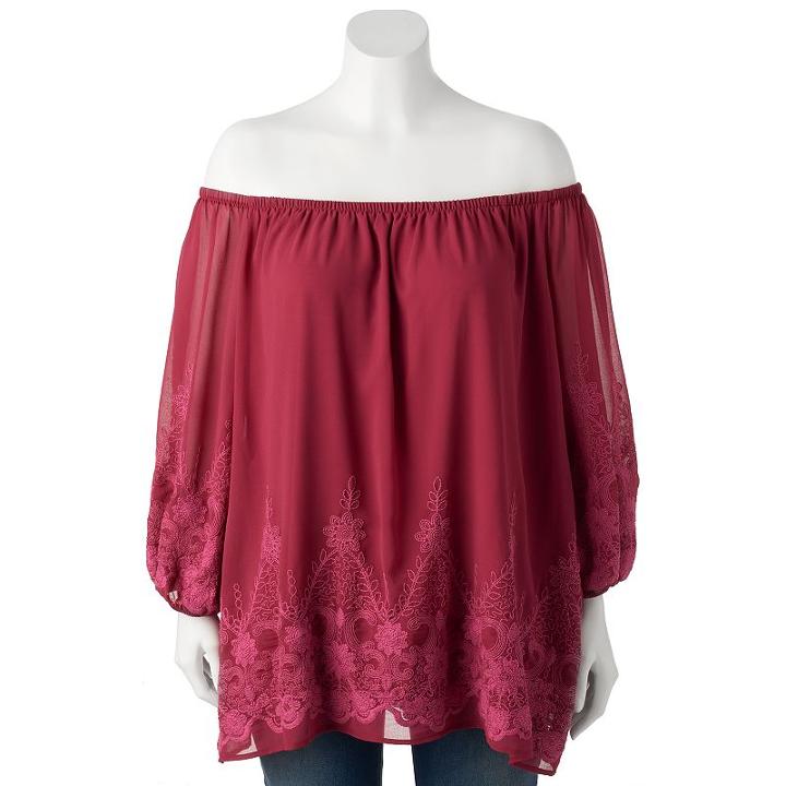 Juniors' Plus Size Heartsoul Floral Embroidery Off-the-shoulder Top, Girl's, Size: 1xl, Dark Red
