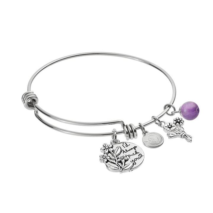 Love This Life Amethyst Daughter Flower Charm Bangle Bracelet, Women's, Grey