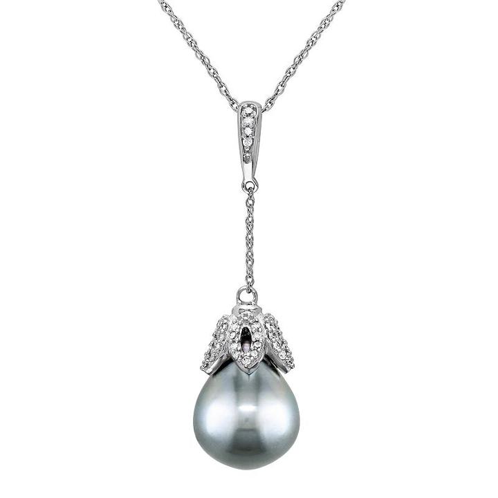 10k White Gold Tahitian Cultured Pearl & 1/8 Carat T.w. Diamond Marquise Pendant Necklace, Women's, Size: 17, Grey