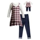 Girls 4-14 Plaid Mock-layer Tunic, Jeggings & Necklace Set, Size: 8, Blue (wash)