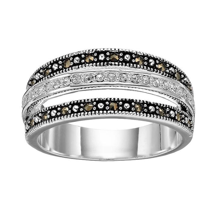 Silver Luxuries Silver Plated Marcasite & Crystal Striped Ring, Women's, Size: 7, Grey