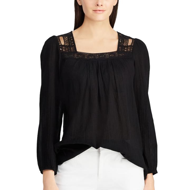 Women's Chaps Lace Yoke Gauze Top, Size: Small, Black