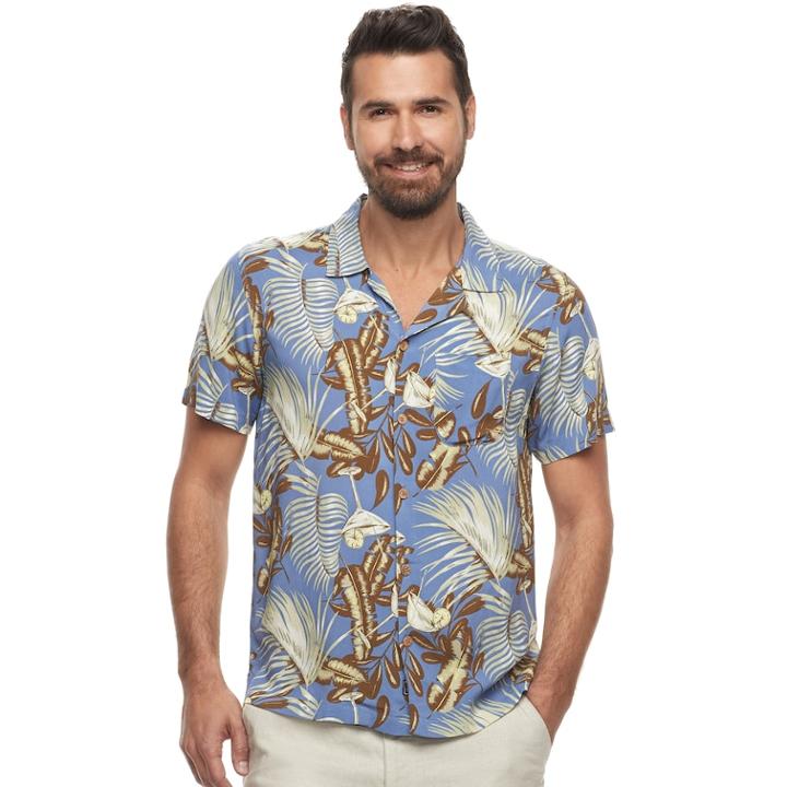 Men's Caribbean Joe Classic-fit Convertible-collar Tropical Button-down Shirt, Size: Medium, Light Blue
