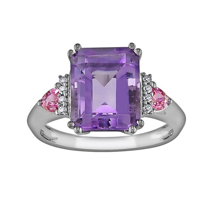 10k White Gold Amethyst, Pink Sapphire And Diamond Accent Ring, Women's, Size: 9, Purple