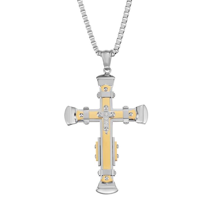 Men's Two Tone Stainless Steel Cubic Zirconia Cross Pendant Necklace, Size: 24, Multicolor