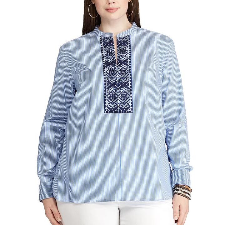 Plus Size Chaps Striped Embroidered Shirt, Women's, Size: 3xl, Blue