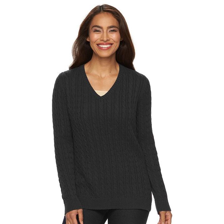 Women's Croft & Barrow&reg; V-neck Cable Knit Sweater, Size: Large, Black, Comfort Wear