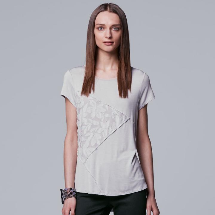 Women's Simply Vera Vera Wang Pieced Lace Inset Tee, Size: Xl, Light Grey