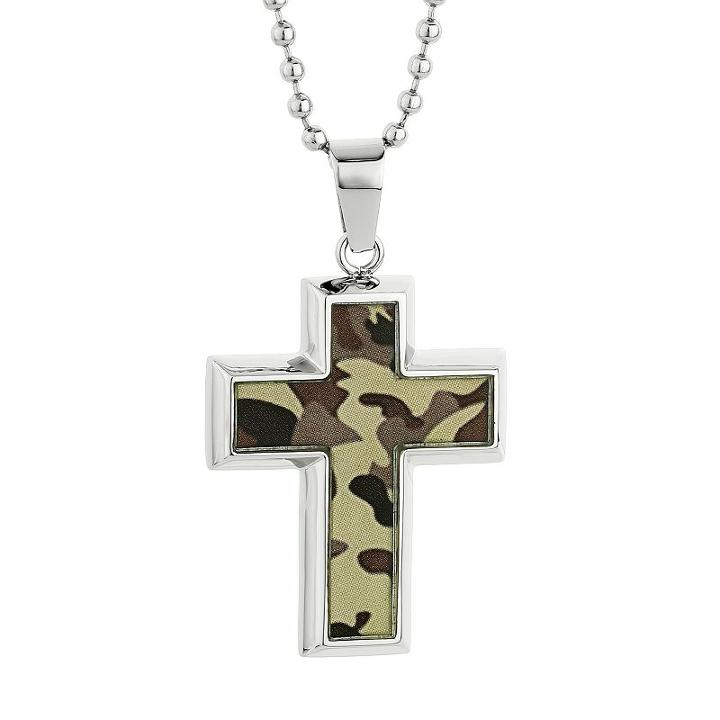 Lynx Stainless Steel Camouflage Cross Pendant Necklace - Men, Size: 22, Green
