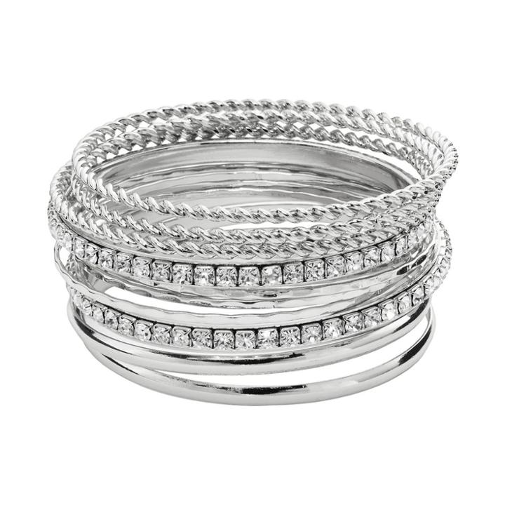 Plus Size Hammered And Twisted Simulated Crystal Bangle Bracelet Set, Women's, Silver