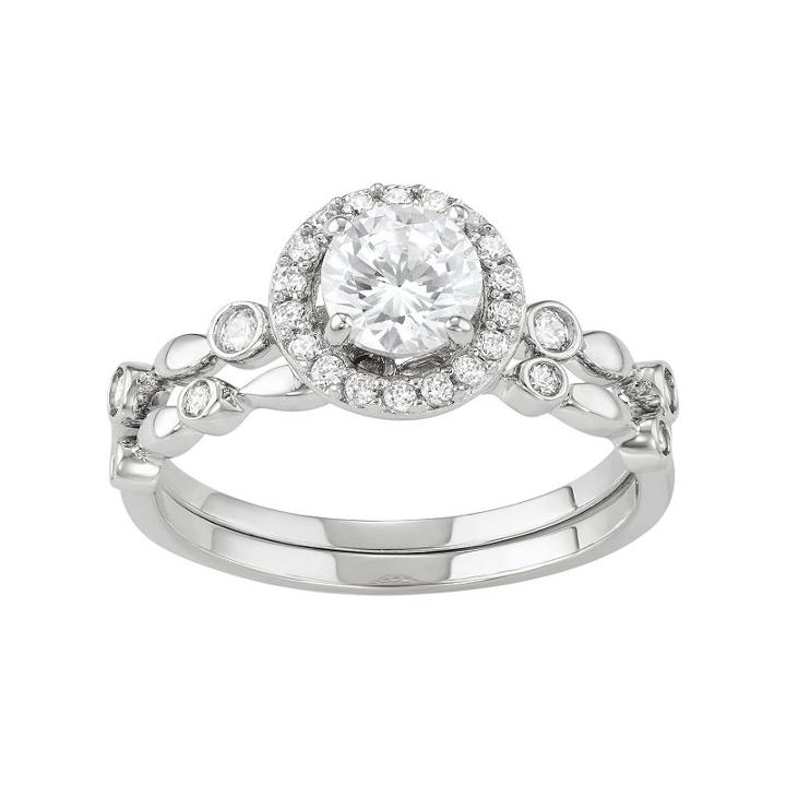 Journee Collection Sterling Silver Cubic Zirconia Halo Engagement Ring Set, Women's, Size: 6, White