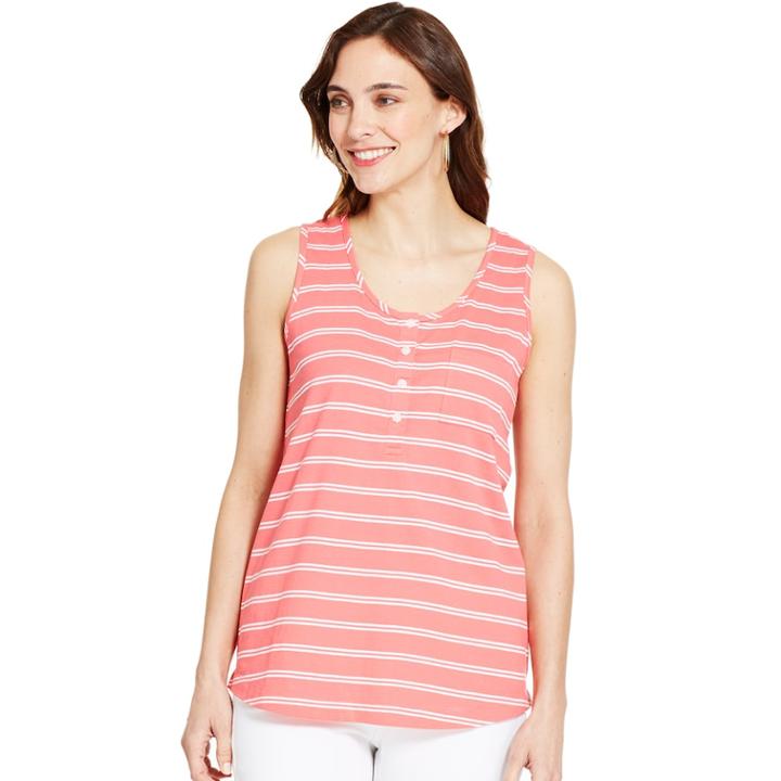 Women's Izod Striped Henley Tank, Size: Large, Calypso Coral Stripe