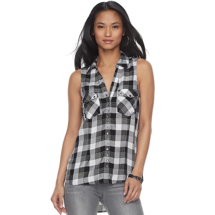 Women's Rock & Republic&reg; Plaid Grommet Tank, Size: Large, Black