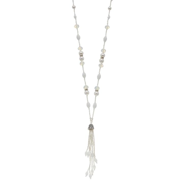 Napier Silver Tone Beaded Fringe Y Necklace, Women's, White