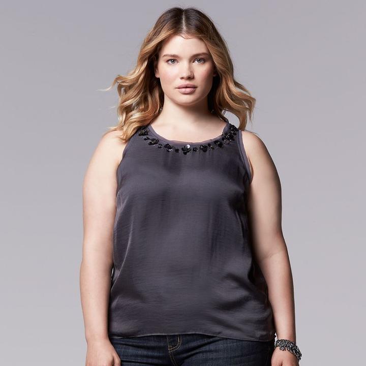 Plus Size Simply Vera Vera Wang Embellished High-low Tank, Women's, Size: 2xl, Grey (charcoal)