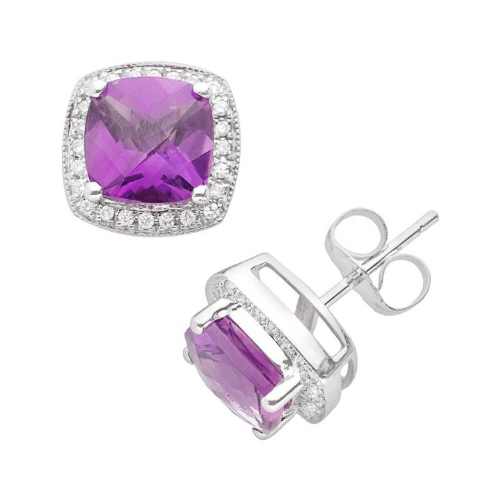 14k White Gold 1/7-ct. T.w. Diamond And Amethyst Frame Stud Earrings, Women's, Purple