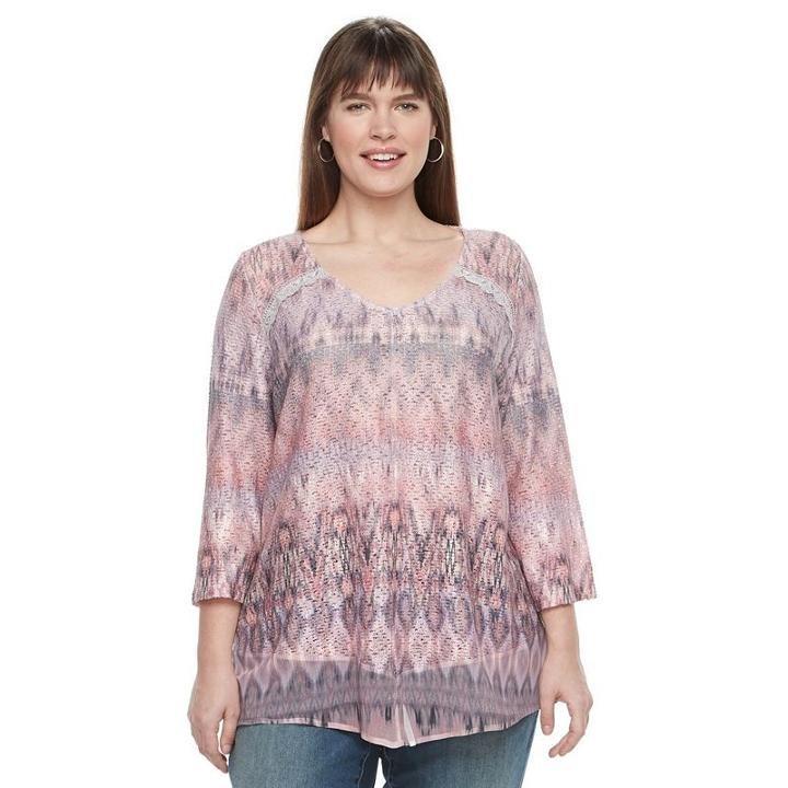 Plus Size World Unity Lace-trim Printed Top, Women's, Size: 0x, Pink Other