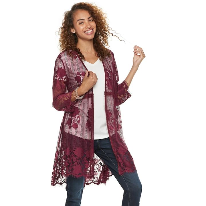 Floral Lace Crochet Kimono, Women's, Size: Xl, Dark Red