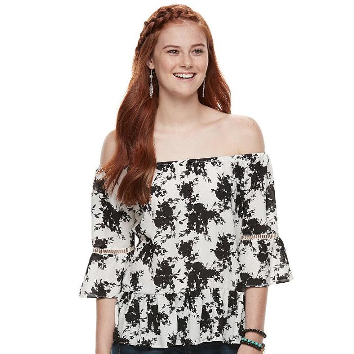 Juniors' Liberty Love Floral Off-the-shoulder Bell Sleeve Top, Teens, Size: Xl, White Oth
