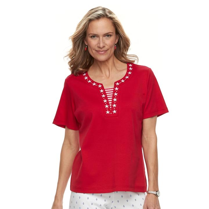 Women's Cathy Daniels Embroidered Trim Mock-layer Top, Size: Large, Red
