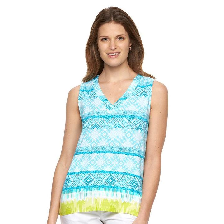 Women's Caribbean Joe Geometric Tie-dye V-neck Tank, Size: Small, Turquoise/blue (turq/aqua)