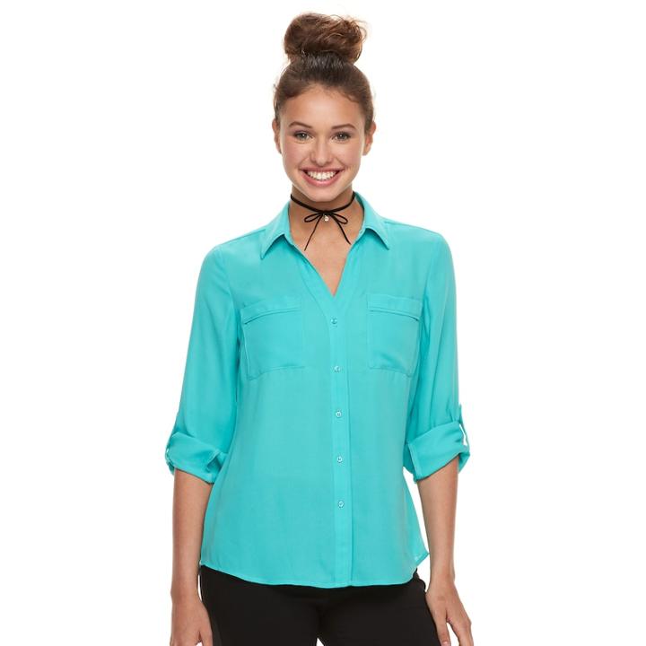 Juniors' Candie's&reg; Piped Roll-tab Blouse, Teens, Size: Xs, Med Blue