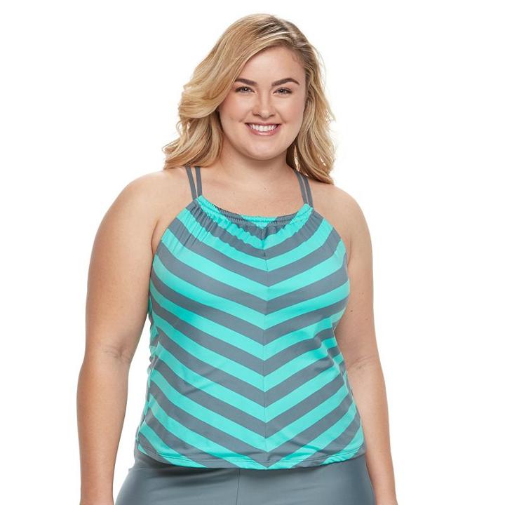 Plus Size N Striped Tankini Top, Women's, Size: 3xl, Turquoise/blue (turq/aqua)