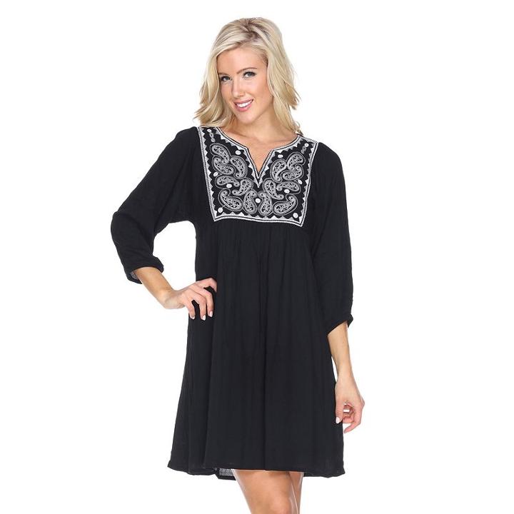 Women's White Mark Embroidered Babydoll Dress, Size: Medium, Black