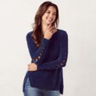 Women's Lc Lauren Conrad Chenille Lace-up Crewneck Sweater, Size: Large, Blue (navy)