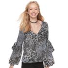Juniors' Lily Rose Tie Sleeve V-neck Top, Teens, Size: Small, Natural Animal