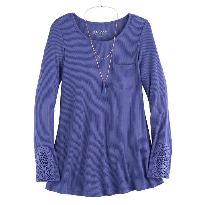 Girls 7-16 & Plus Size Mudd® Ribbed Pocket Jegging Tee With Necklace, Size: 12 1/2, Blue (navy)