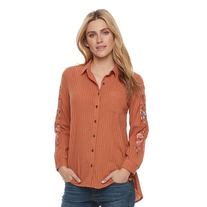 Women's Sonoma Goods For Life™ Embroidered Essential Shirt, Size: Medium, Drk Orange
