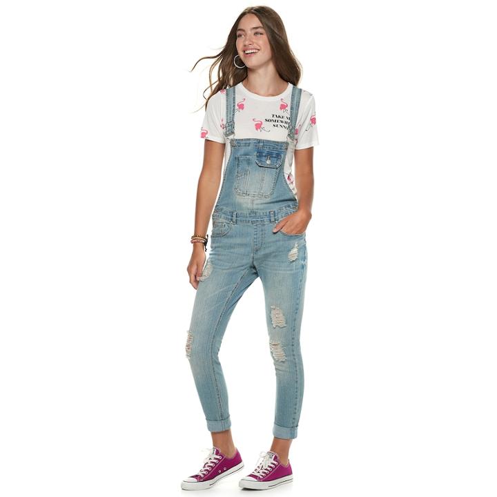 Juniors' Almost Famous Mid-rise Destructed Rip & Repair Denim Overalls, Teens, Size: 11, Med Blue