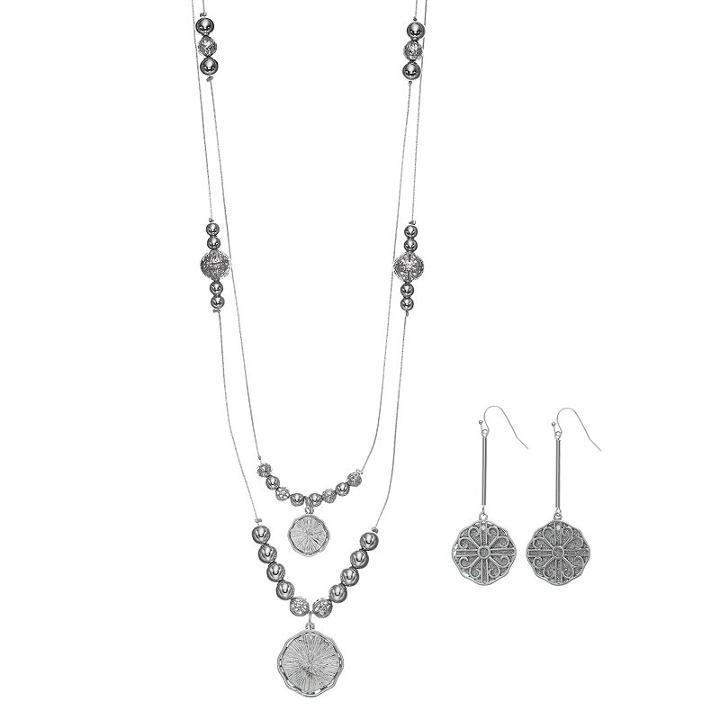 Filigree Medallion Double Strand Necklace & Drop Earring Set, Women's, Silver