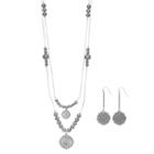 Filigree Medallion Double Strand Necklace & Drop Earring Set, Women's, Silver