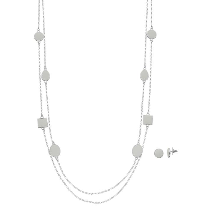 Geometric Illusion Double Row Necklace & Circle Earring Set, Women's, White