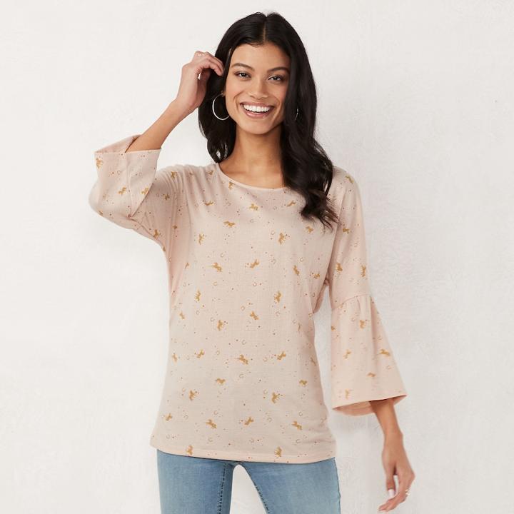 Women's Lc Lauren Conrad Printed Bell Sleeve Top, Size: Xs, Pink