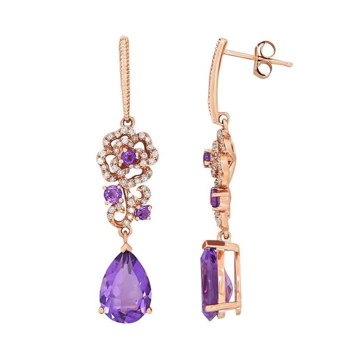 10k Rose Gold Amethyst & 1/4 Carat T.w. Diamond Flower Drop Earrings, Women's, Purple