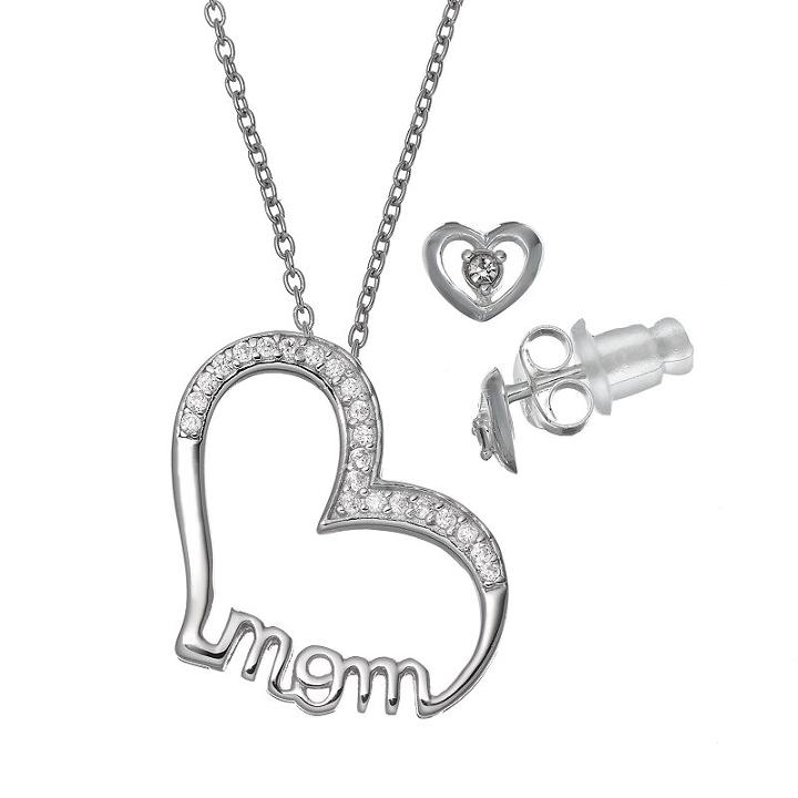 Pure 925 Cubic Zirconia Sterling Silver Mom Heart Pendant Necklace & Stud Earring Set, Women's, Size: 18, Grey
