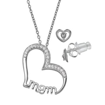 Pure 925 Cubic Zirconia Sterling Silver Mom Heart Pendant Necklace & Stud Earring Set, Women's, Size: 18, Grey