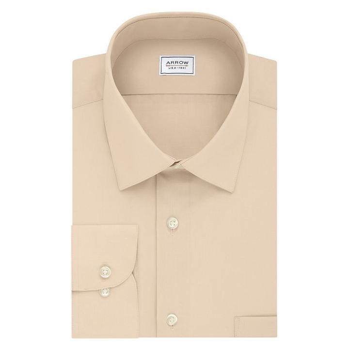 Men's Arrow Athletic-fit Solid Wrinkle-free Spread-collar Dress Shirt, Size: Xl-34/35, Lt Beige